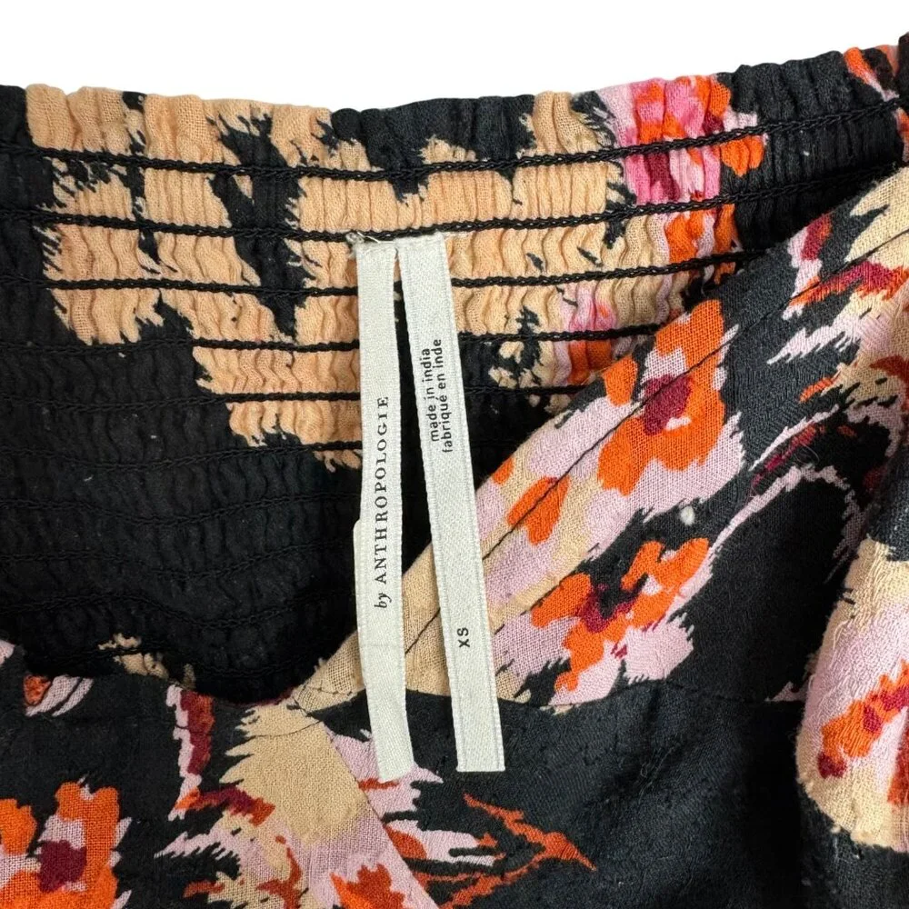 Anthropologie 100% Cotton Boho‎ Black Floral Pink Maxi Dress Balloon Sleeve